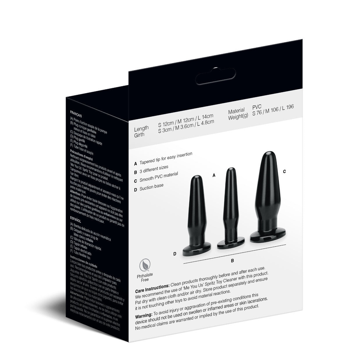 Product packaging with black butt plugs and detailed text on a white background