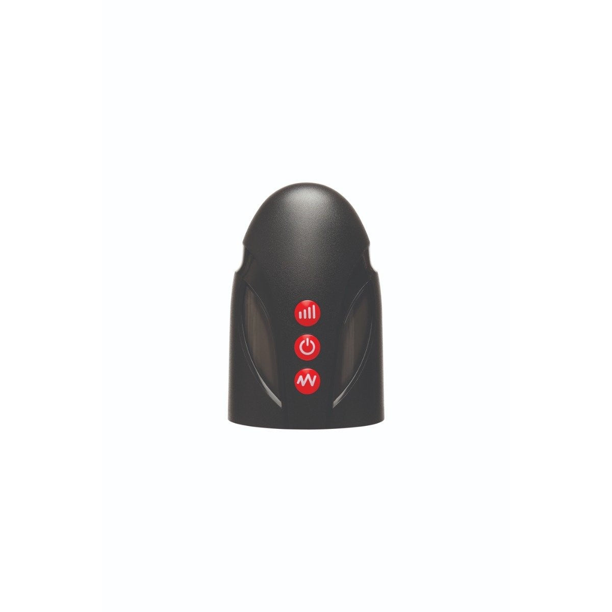 Black electronic device with red buttons on a white background