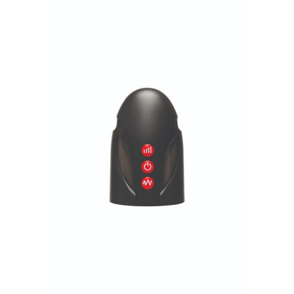 Black electronic device with red buttons on a white background