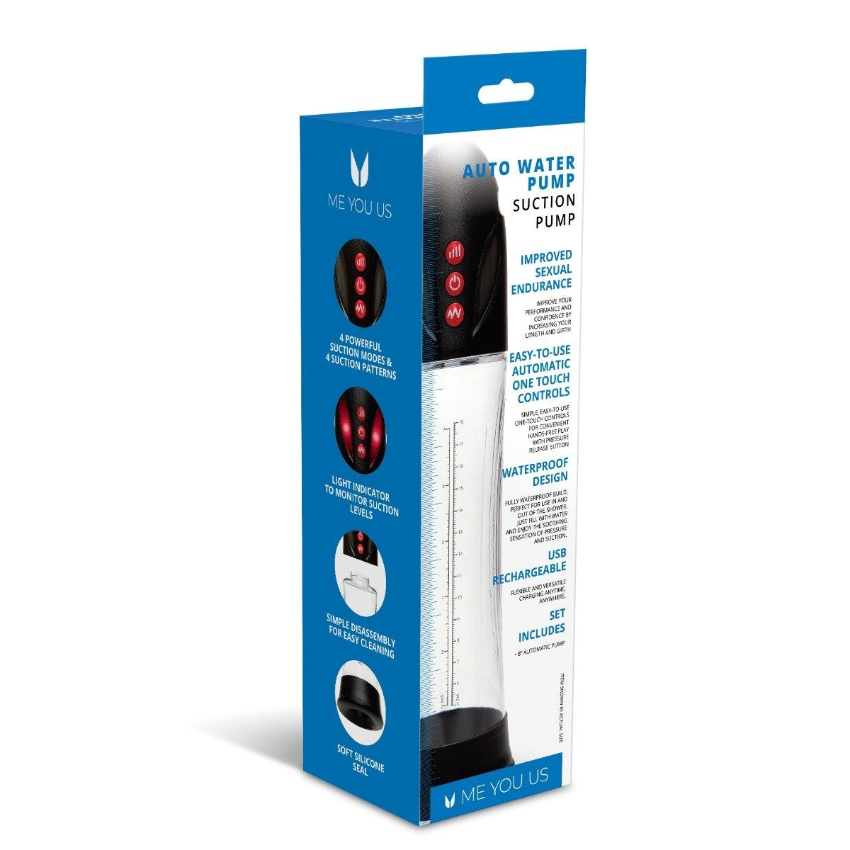 Boxed auto water pump with blue and white design on a white background