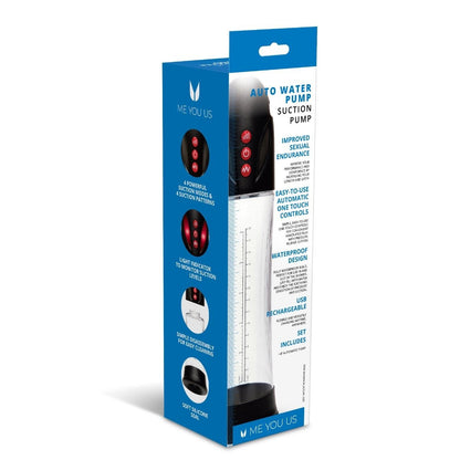 Boxed auto water pump with blue and white design on a white background