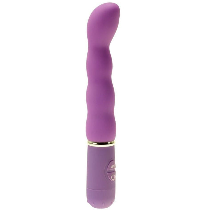 Purple electronic g-spot vibrator with a gold accent on a white background