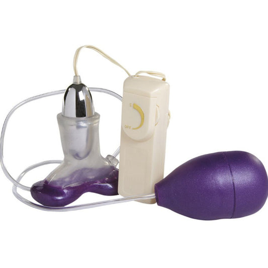 Purple and clear clitoral pump vibrator with a white remote control on a white background