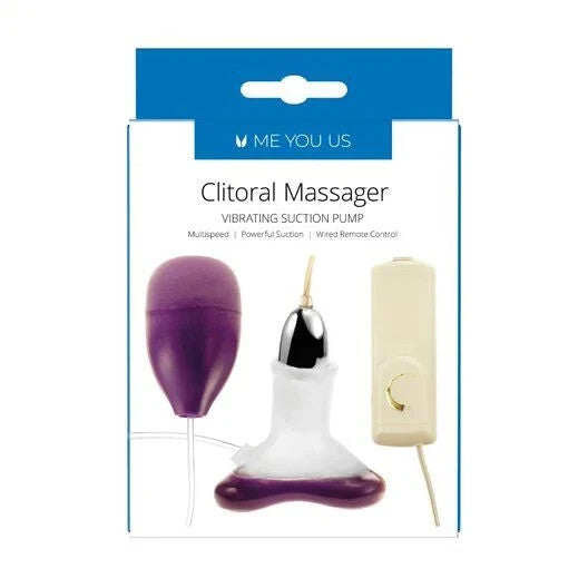 Clitoral massager packaging with purple and white device on a white background