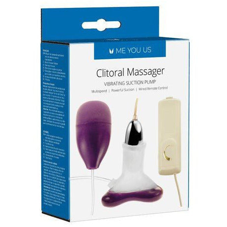 Box packaging of a clitoral massager with purple and white design on a white background