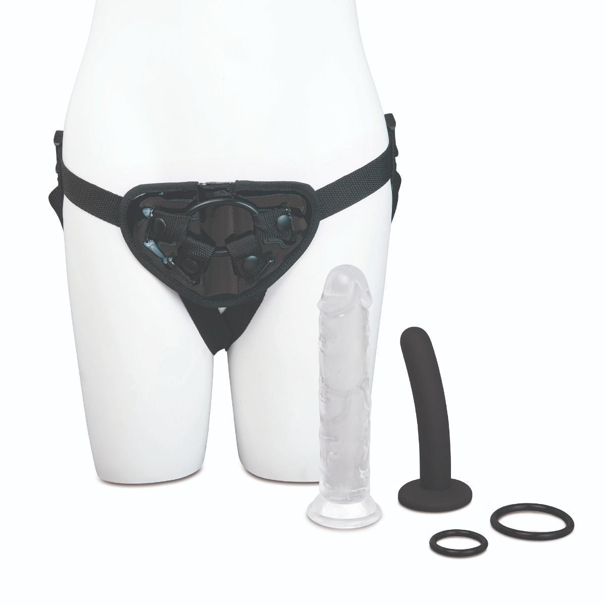 Black garter belt with clear and black cylindrical strap-on dildos on a white background