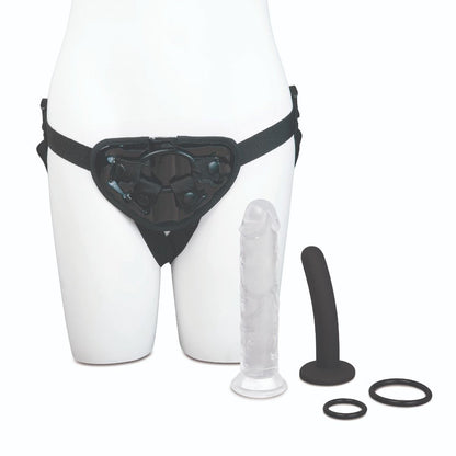 Black garter belt with clear and black cylindrical strap-on dildos on a white background