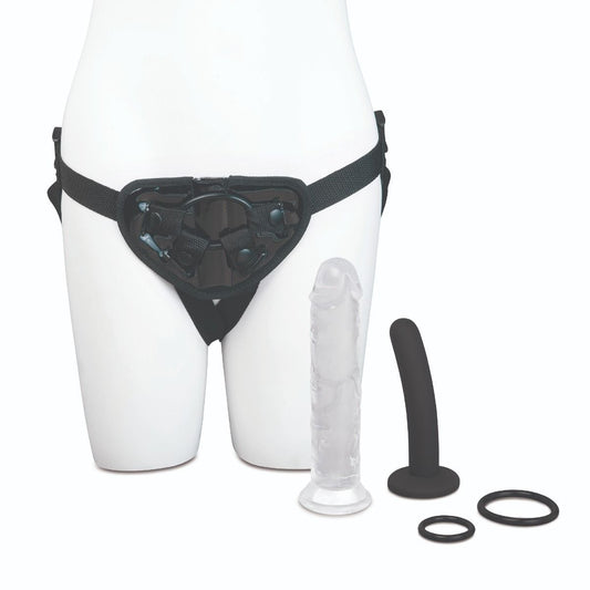 Black garter belt with clear and black cylindrical strap-on dildos on a white background