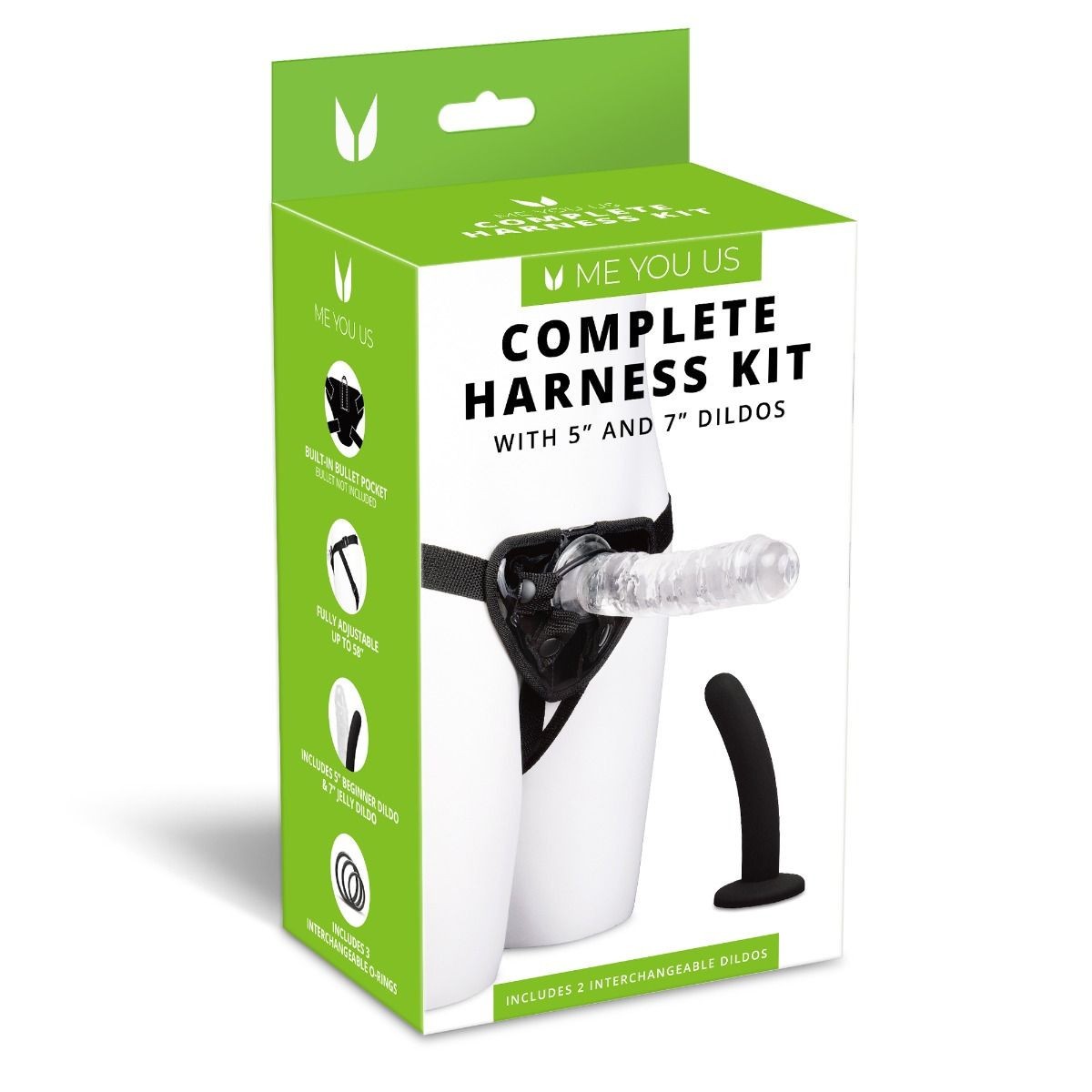 Product packaging for a complete harness kit with dildos on a white background