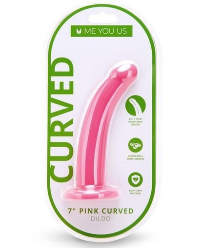 Pink curved dildo in packaging with 'ME YOU US' branding on a white background