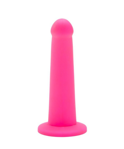 Pink silicone dildo on a white background