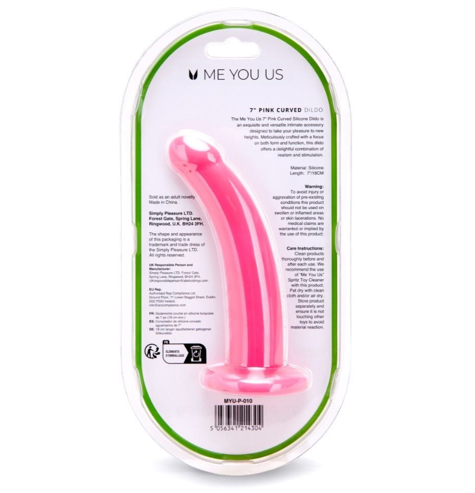 Pink curved object in packaging with 'Me You Us' branding on a white background