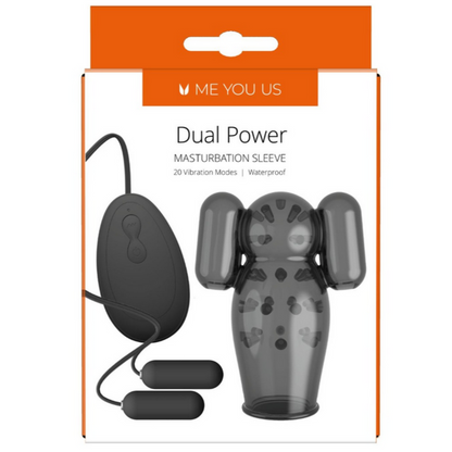 Packaging of a dual power masturbation sleeve with 'Me You Us' branding.