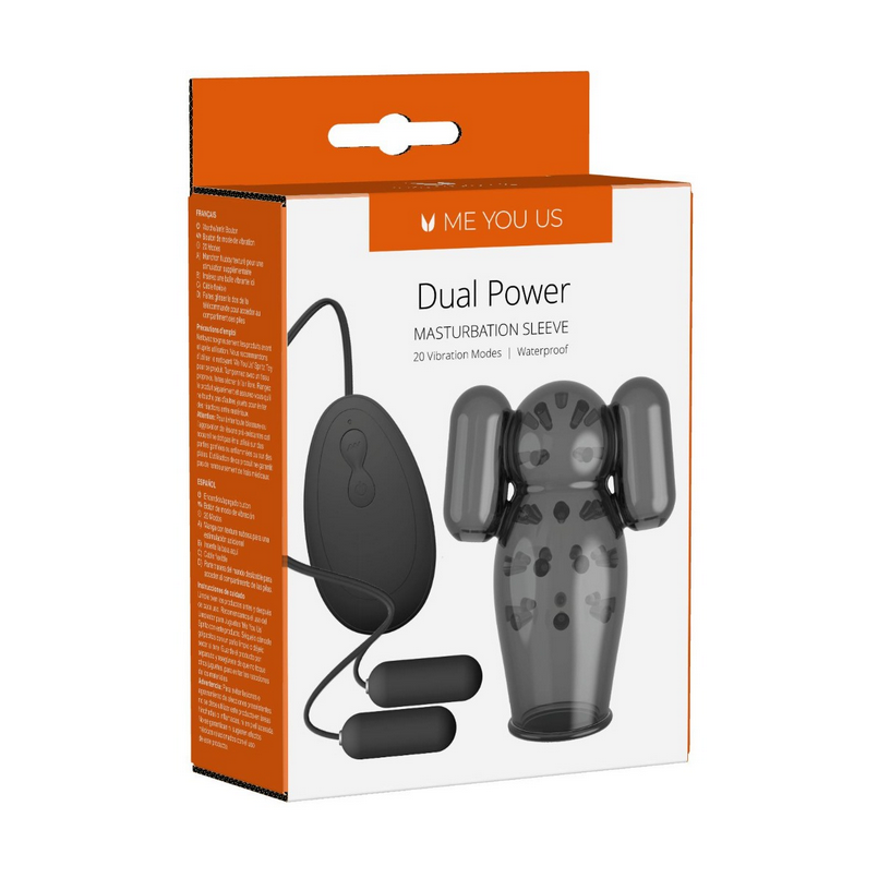 Packaging of a dual power masturbation sleeve with orange and white design.