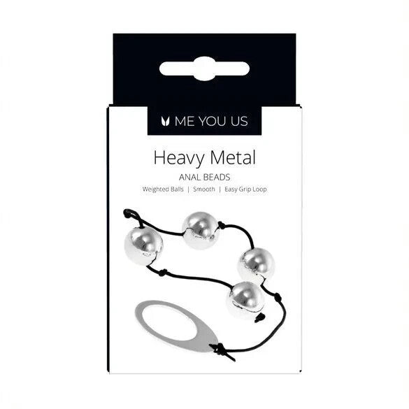 Packaging of 'Heavy Metal' anal beads with 'Me You Us' branding on a white background.