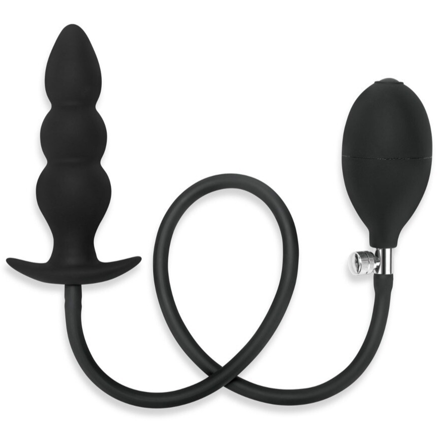 Black silicone inflatable butt plug with flexible shaft on a white background