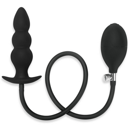 Black silicone inflatable butt plug with flexible shaft on a white background