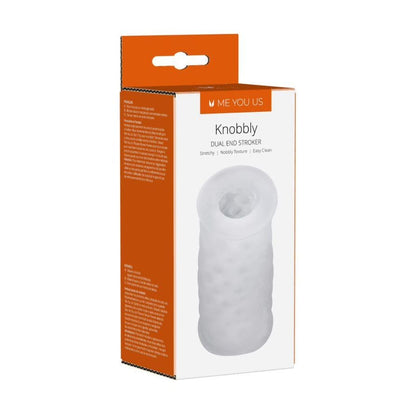 Knobbly dual end stroker packaging with orange and white design on a white background