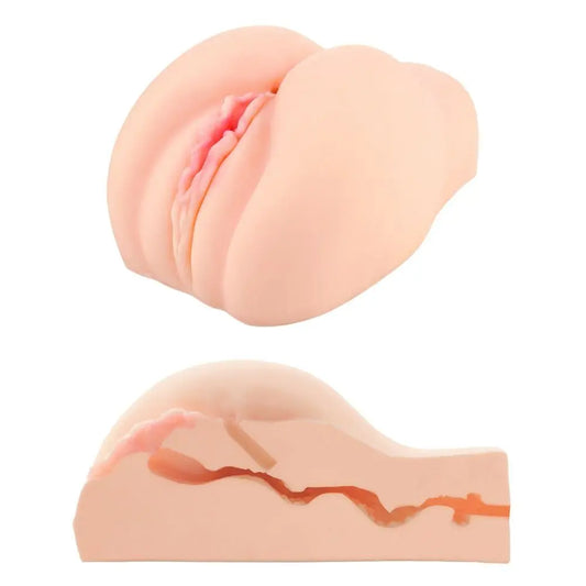 Close-up of a realistic silicone vagina model on a white background