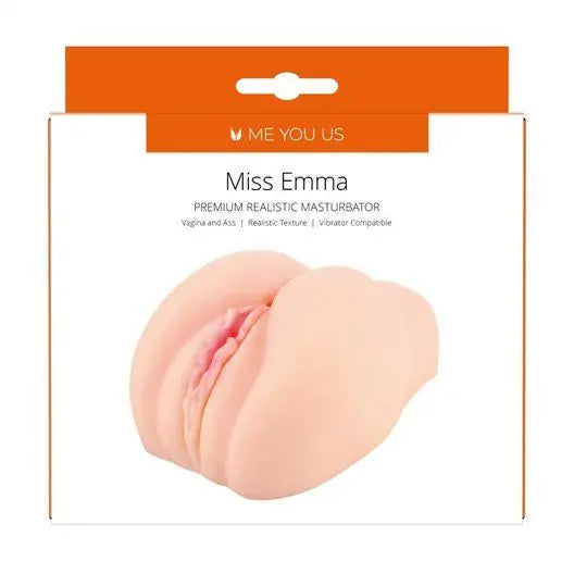 Product packaging of 'Miss Emma' premium realistic masturbator with branding on a white background.