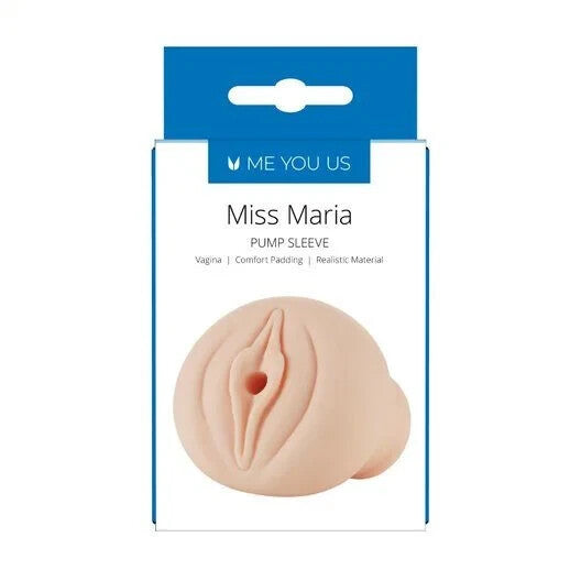 Pump sleeve packaging labeled 'Miss Maria' with 'Me You Us' branding on a white background.
