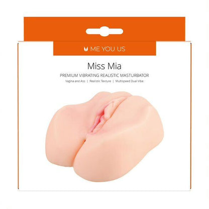 Product packaging of Miss Mia premium vibrating realistic masturbator with 'Me You Us' branding.
