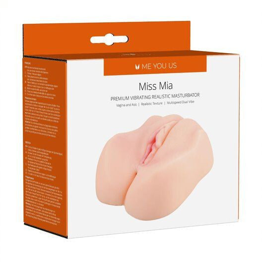 Box packaging of Miss Mia premium vibrating realistic masturbator with brand name 'ME YOU US'.