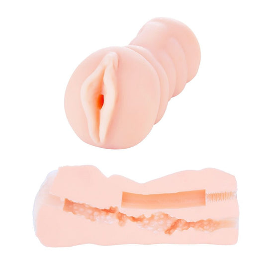 peach-colored silicone masturbator on a white background