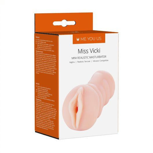 Box packaging of Miss Vicki mini realistic masturbator with orange and white design.