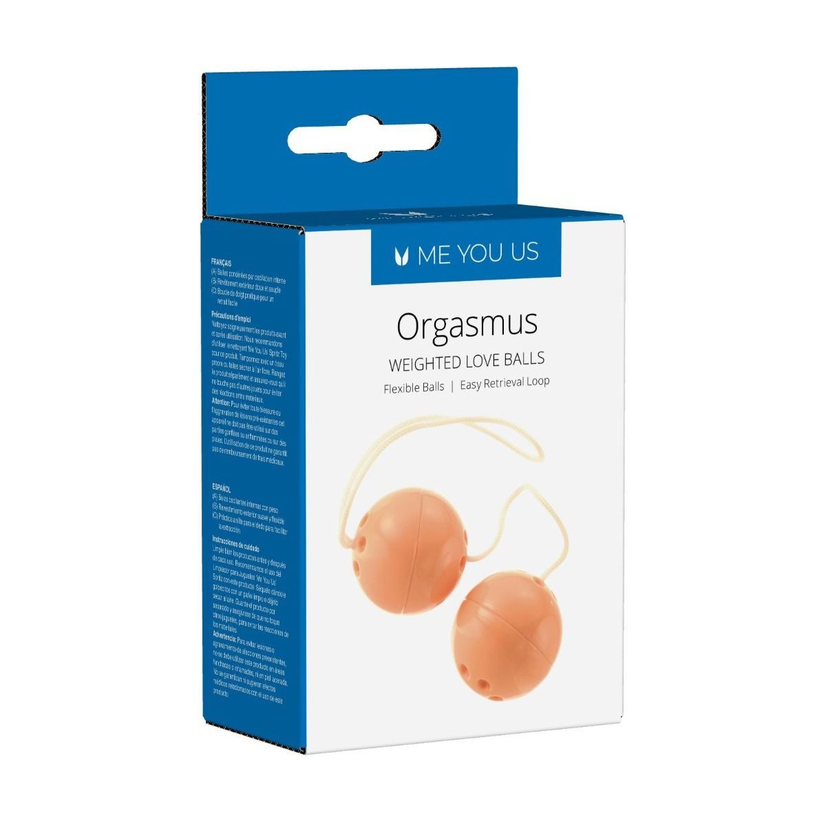Box of 'Orgasmus' weighted love balls with blue and white design.