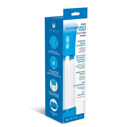 Boxed rechargeable pump with blue and white design on a white background