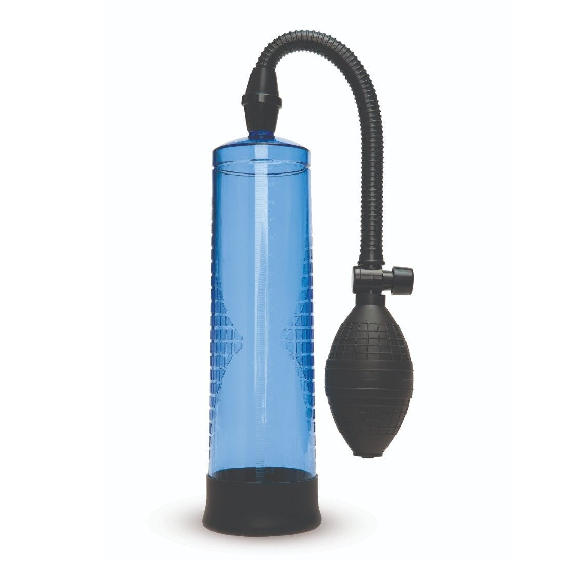 Blue and black handheld penis pump on a white background