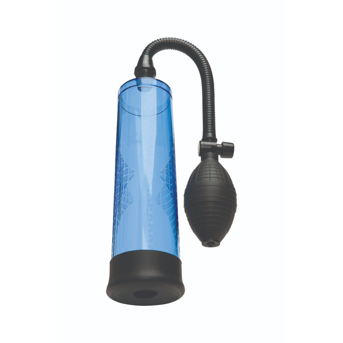 Blue and black handheld penis pump on a white background