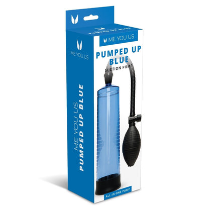 Blue suction penis pump packaging with brand name on a white background