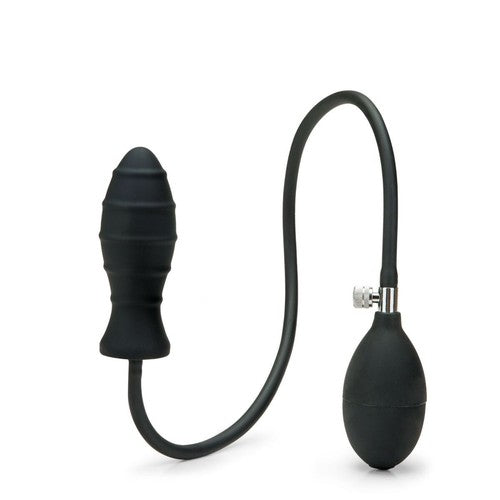 Black silicone butt plug with flexible hose on a white background