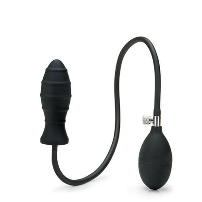 Black silicone butt plug with flexible hose on a white background