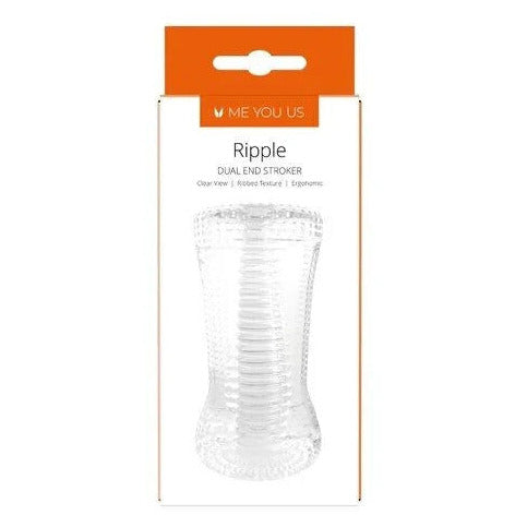 Clear Ripple dual-end stroker with orange and white packaging on a white background