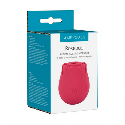Package of a red silicone sucking vibrator with 'Me You Us' branding on a white background