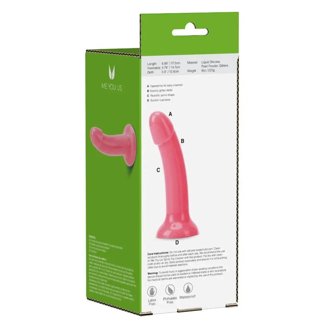 Me You Us Shimmers Sparkly Glitter Smooth Dong Suction Cup Silicone Pink 6 inch