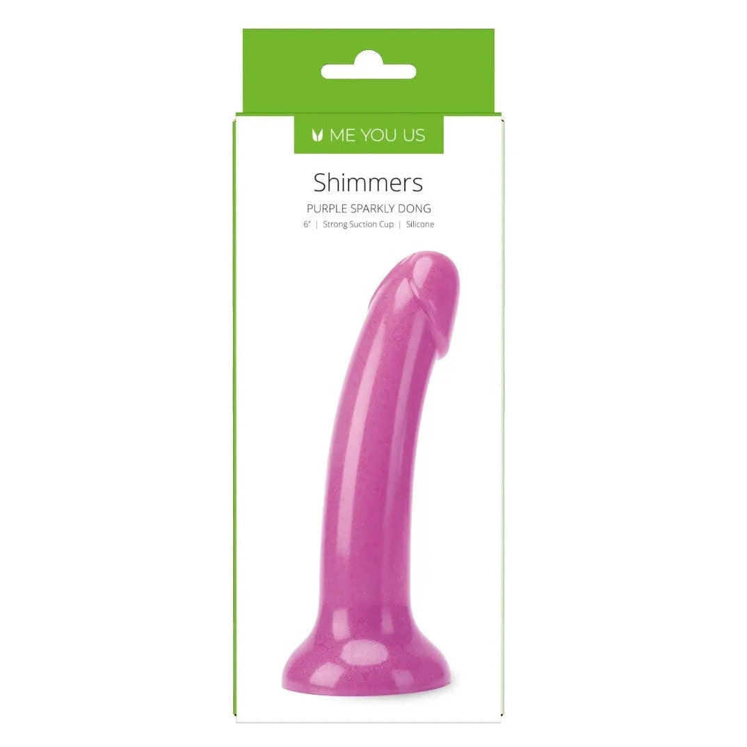 Purple sex toy with packaging labeled 'Shimmers' on a white background