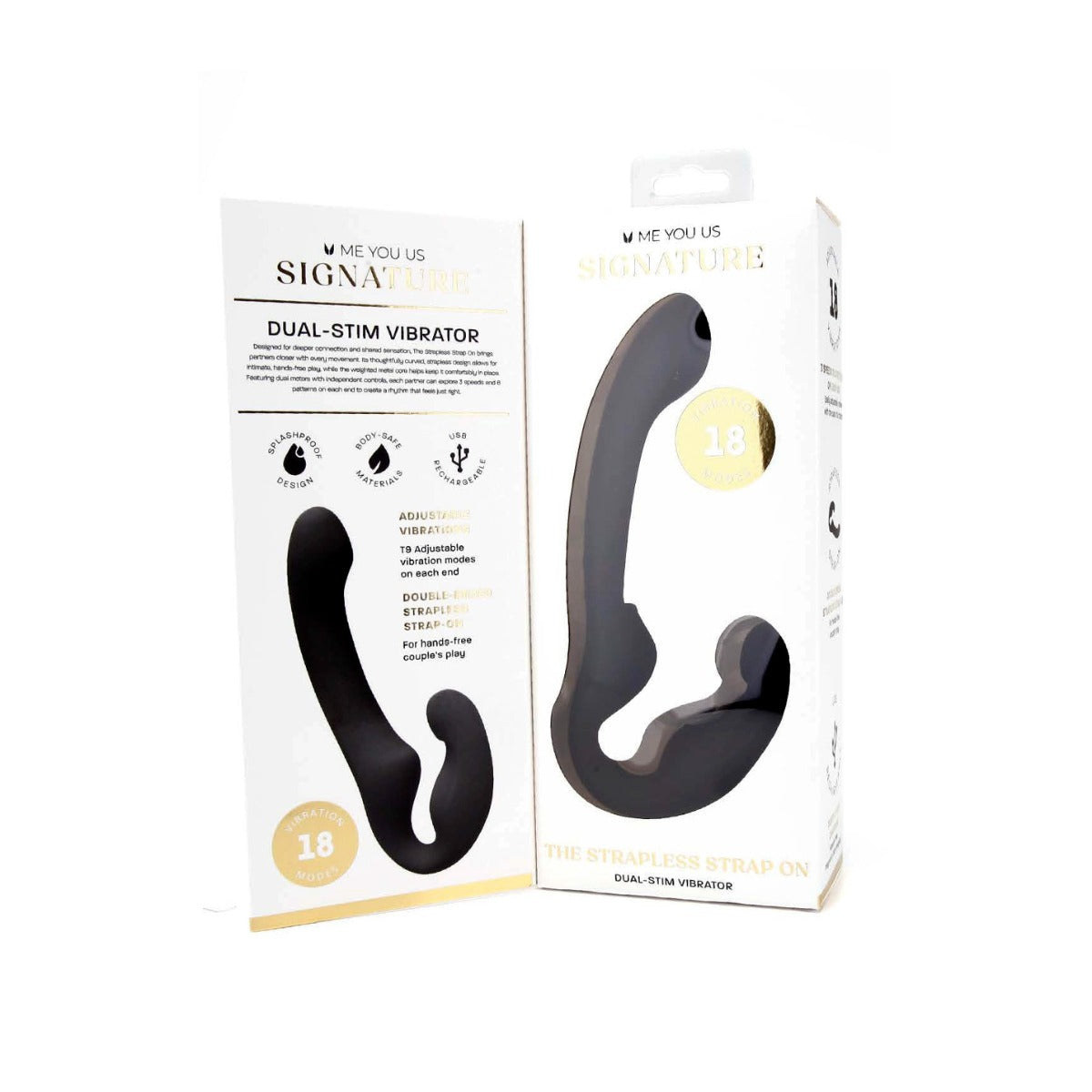 Black dual-stim vibrator packaging with 'Me You Us' branding on a white background