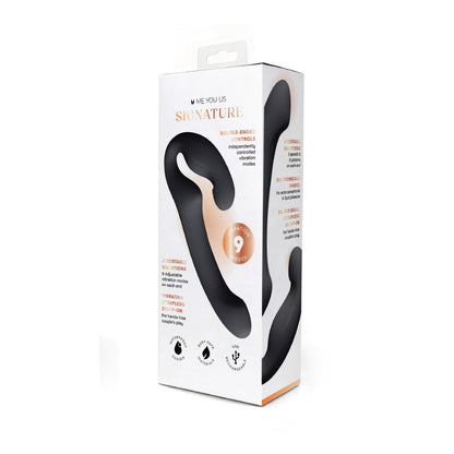 The Signature Strapless Strap On vibrator in its original white and gold retail packaging, shown on a clean white background.
