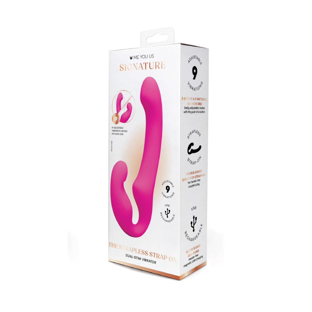 The Signature Series Strap-On by ME YOU US in its original retail packaging, featuring a white box with a prominent pink graphic of the strap-on device.
