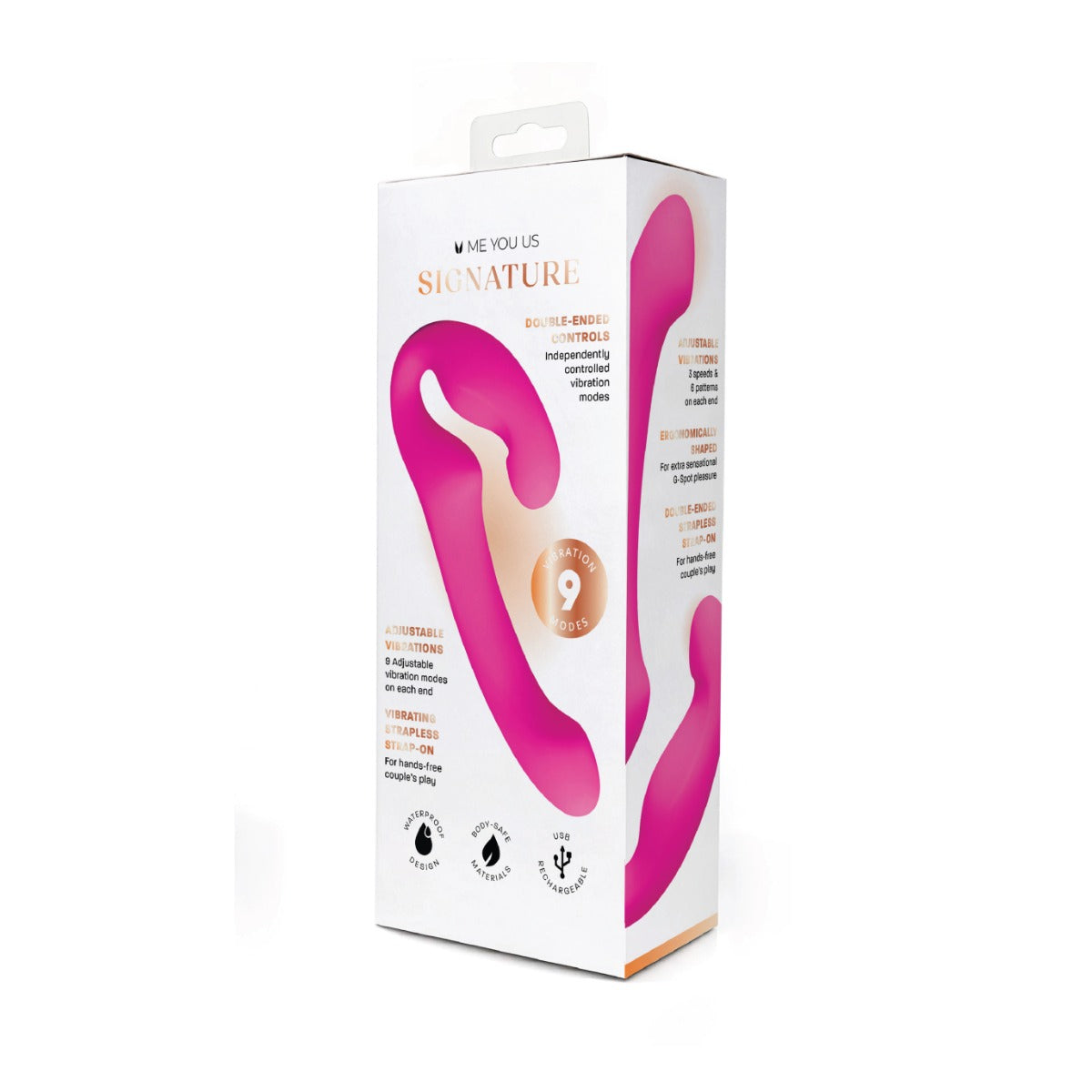 White retail packaging box for the Me You Us Signature Series Strap On Vibrator, featuring a large pink graphic of the curved toy on the front, with gold and black text and icons.