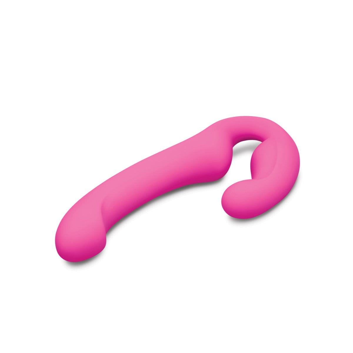 A bright pink curved silicone personal massager with a dual-stimulation design, shown on a clean white background.