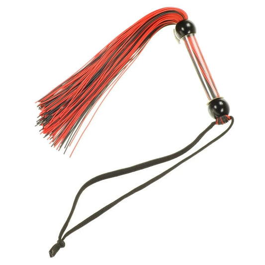 Red and black flogger on a white background