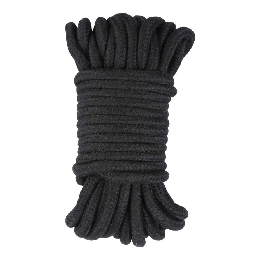 Coiled black rope on a white background