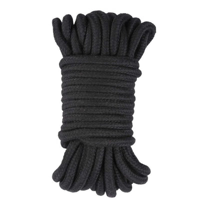Coiled black rope on a white background