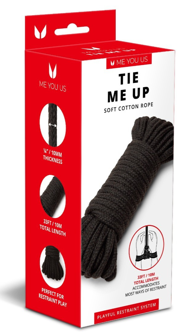 Box of 'Me You Us' tie me up soft cotton rope with black rope illustration.