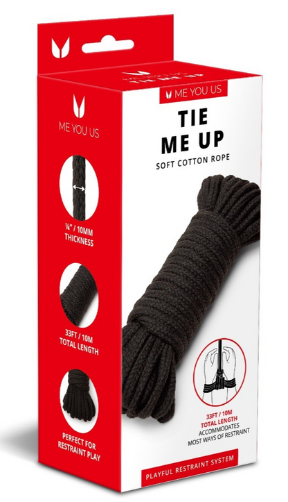 Box of 'Me You Us' tie me up soft cotton rope with black rope illustration.